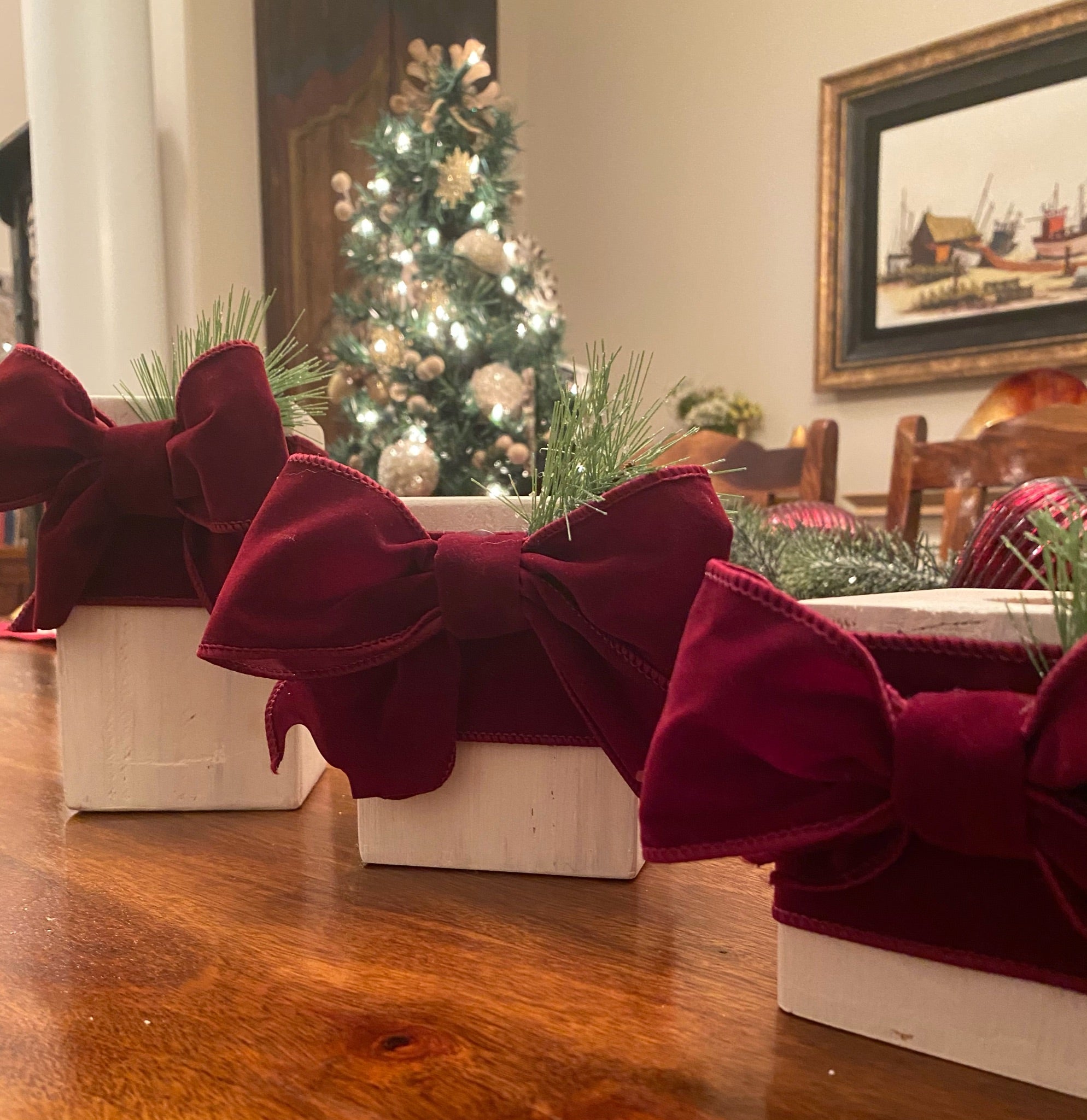 Tea Light Christmas Wood Presents with 2.5" Ribbon