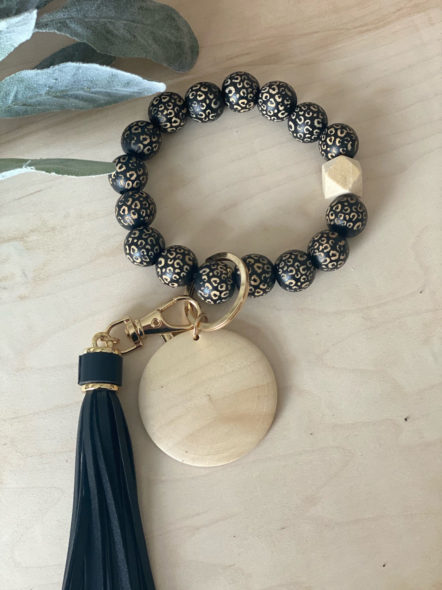 Black Leopard Spotted Wood Bead Bracelet Key Ring