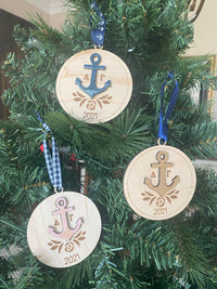 Wood Engraved Delta Gamma  with Glass Effect Anchor Ornament