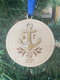 Wood Engraved Delta Gamma  with Glass Effect Anchor Ornament