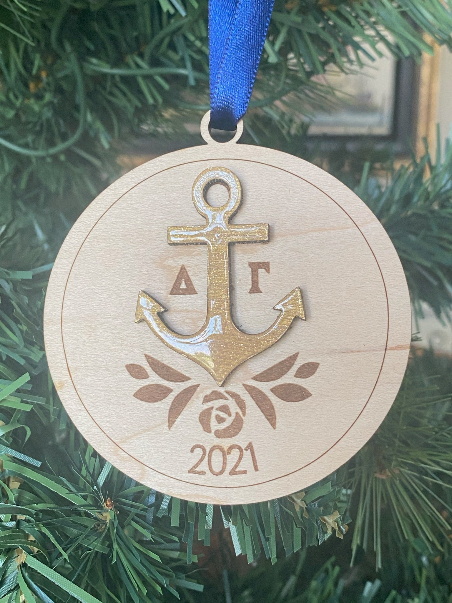 Wood Engraved Delta Gamma  with Glass Effect Anchor Ornament