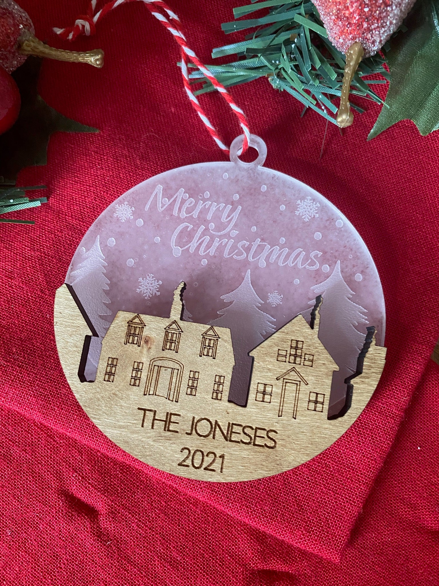 Frosted Personalized Acrylic Merry Christmas with Houses