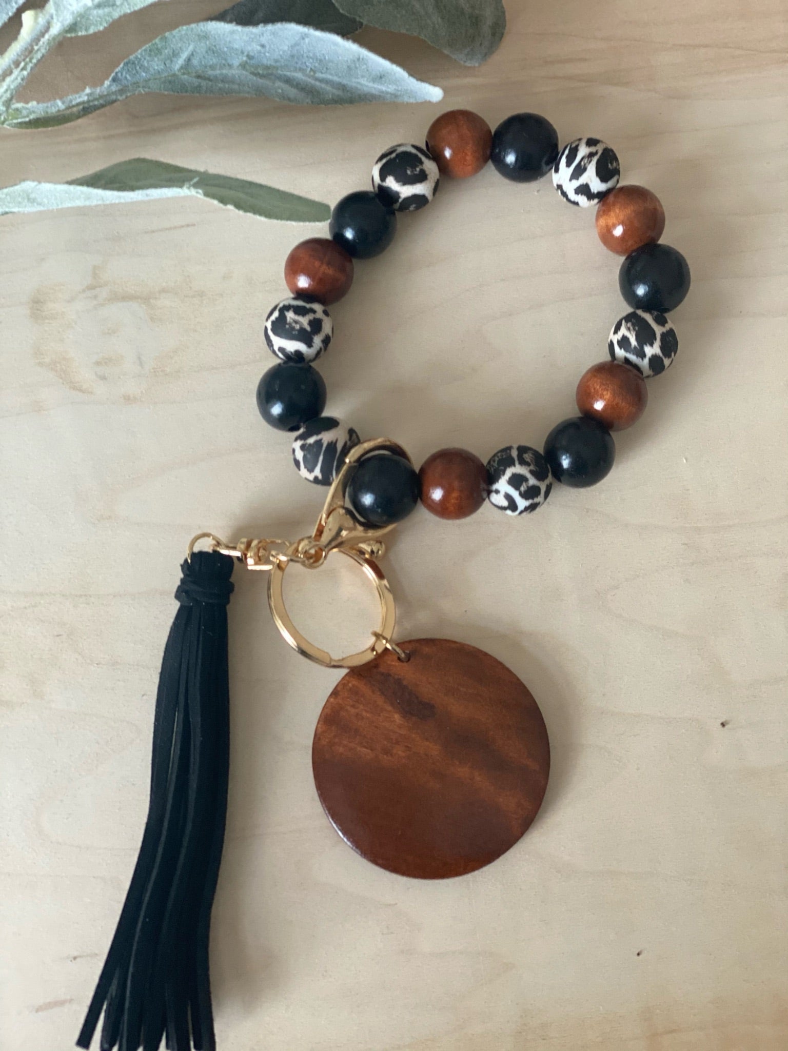 Leopard Wood/Silicone Bead Bracelet Key Ring with Black Tassel