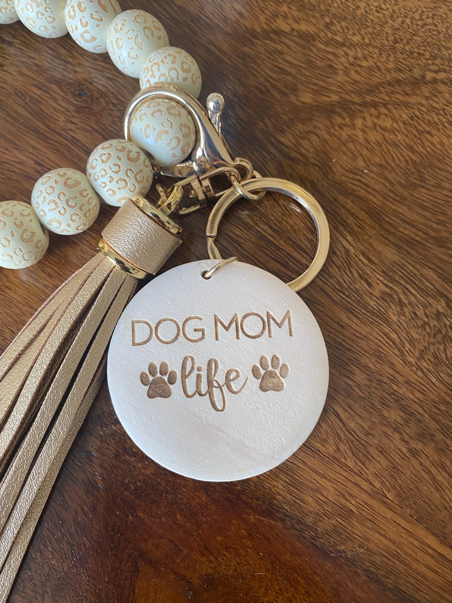 Cream/Leopard/Stripe Wood Bead Bracelet Key Ring