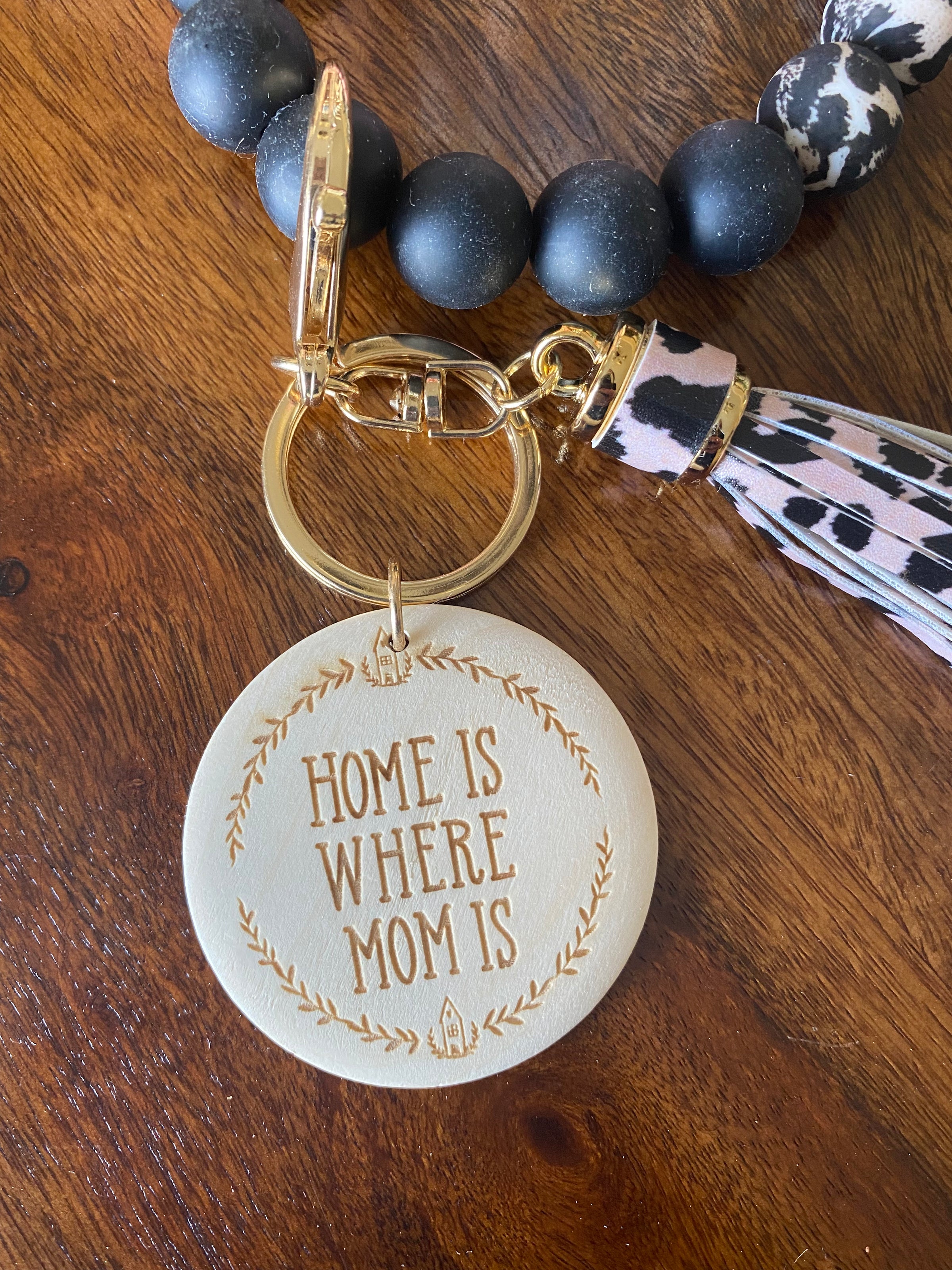 Pink, Black and Leopard Silicon Bead Bracelet Key Ring