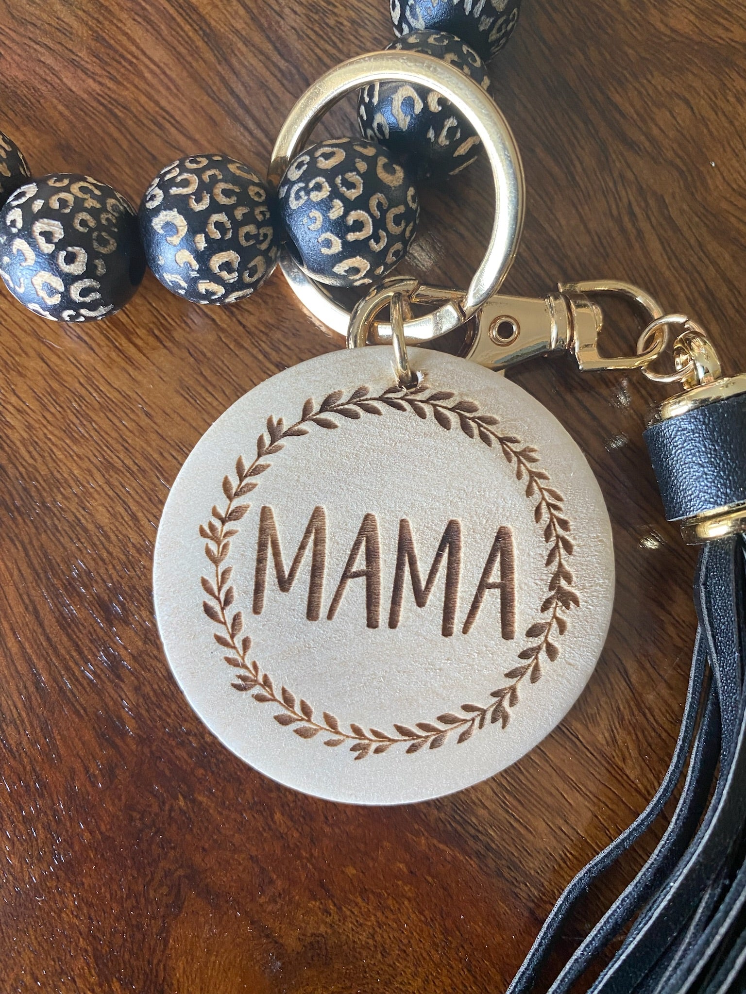 Leopard Wood/Silicone Bead Bracelet Key Ring with Brown Tassel