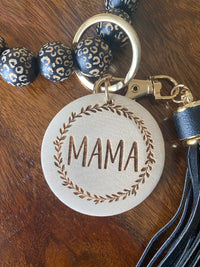 Leopard Wood/Silicone Bead Bracelet Key Ring with Black Tassel