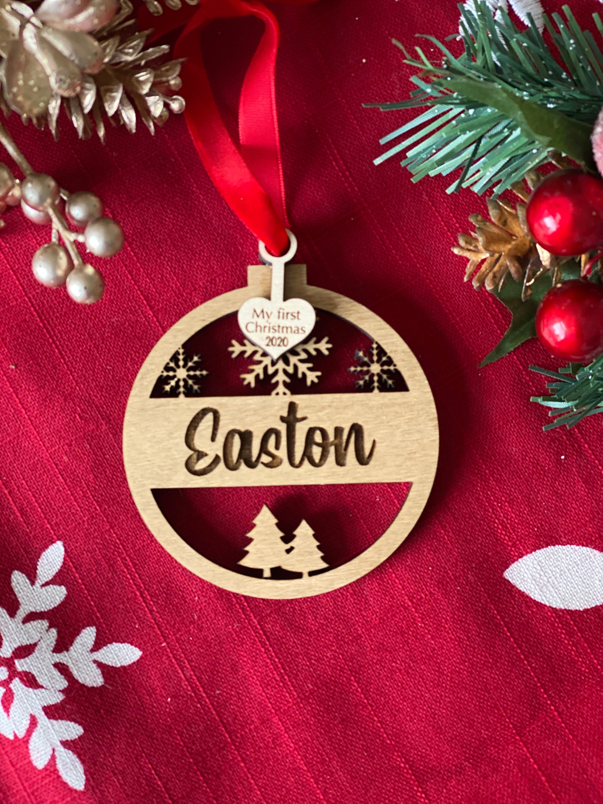 First Christmas Personalized Name Ornament/Cut Out Snowflakes and Trees