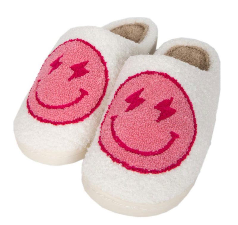 Pink Lightening Happy Face Sherpa Comfy Slippers