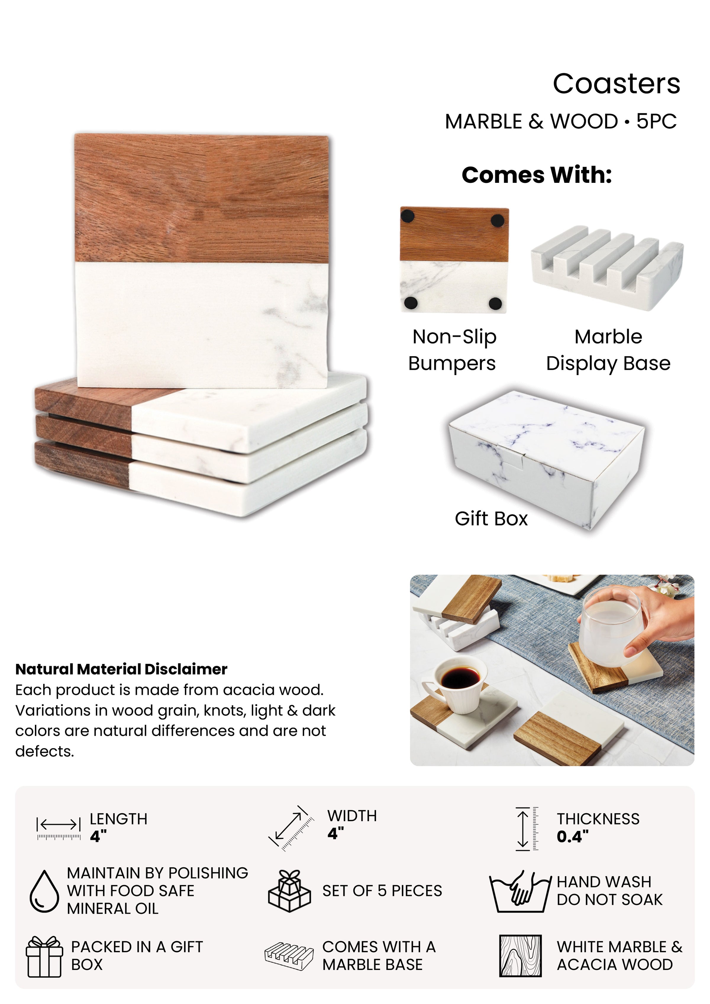 Marble and Acacia Coasters set of 4