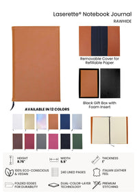 Laserette Notebook Journal with color swatches and product details on a white background