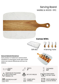 Marble and wood serving board with gift box and serving tools on a white background