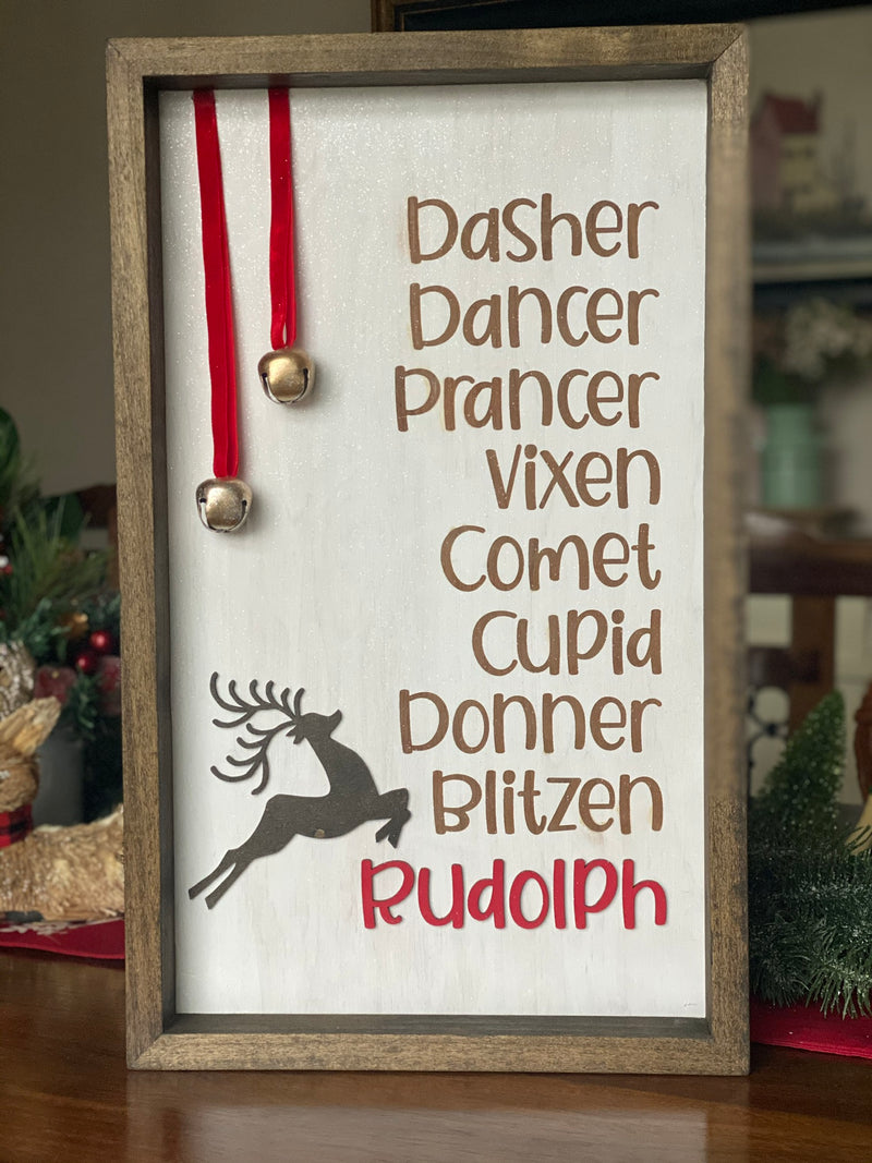 Reindeer Names with Bells 12x20 Wood Christmas Sign