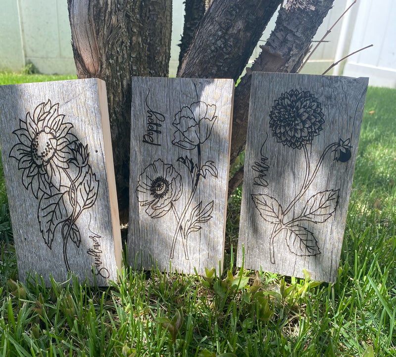 Reclaimed Barnwood Set of Three Engraved Flowers