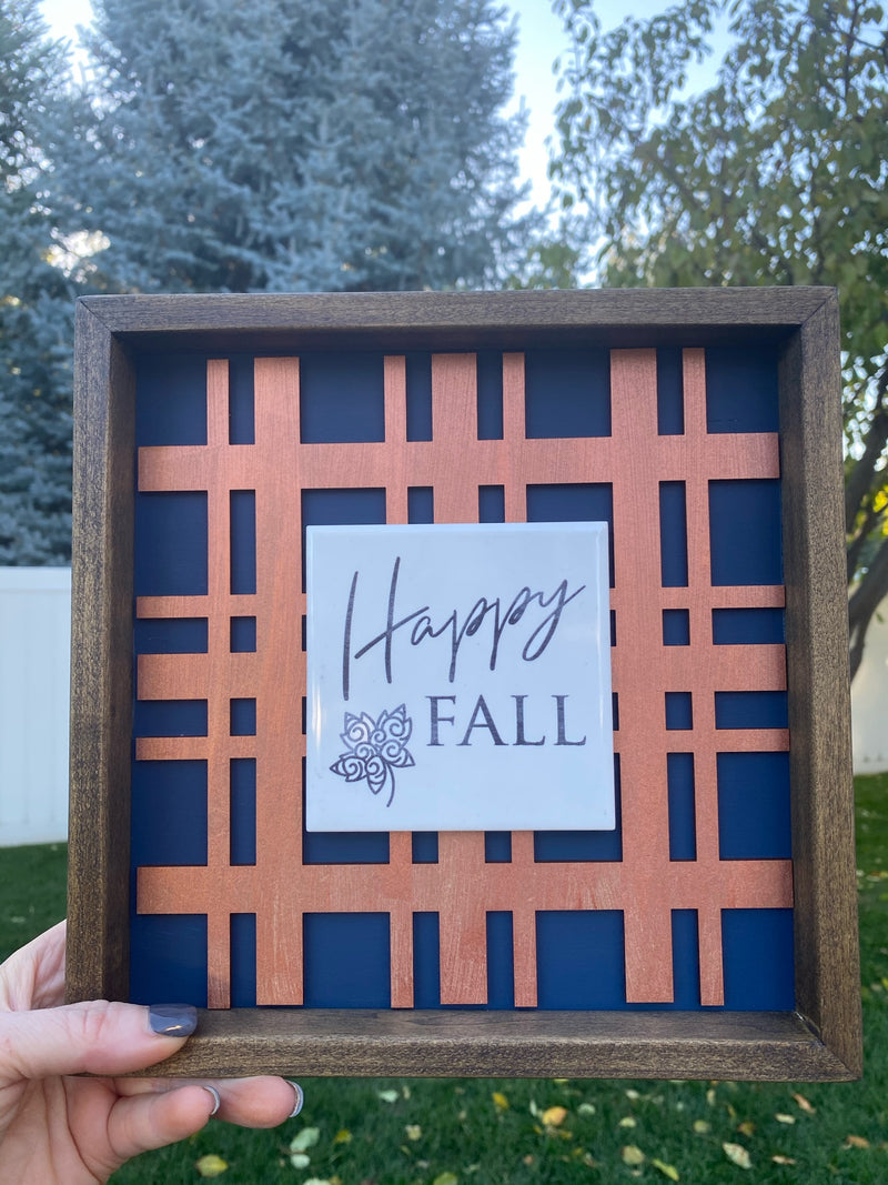 Happy Fall Engraved Tile with Copper Plaid 10x10 Wood Sign