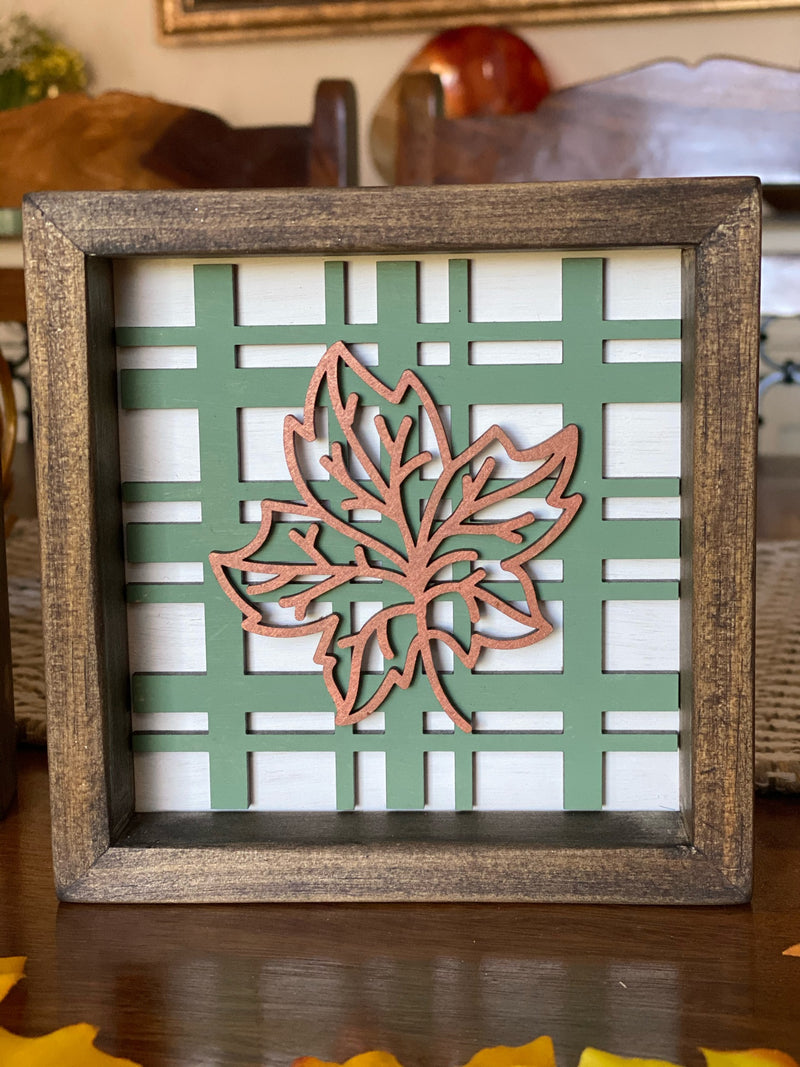 5 x 5 Framed Cut Out Copper Leaf/Cactus Green Plaid Background