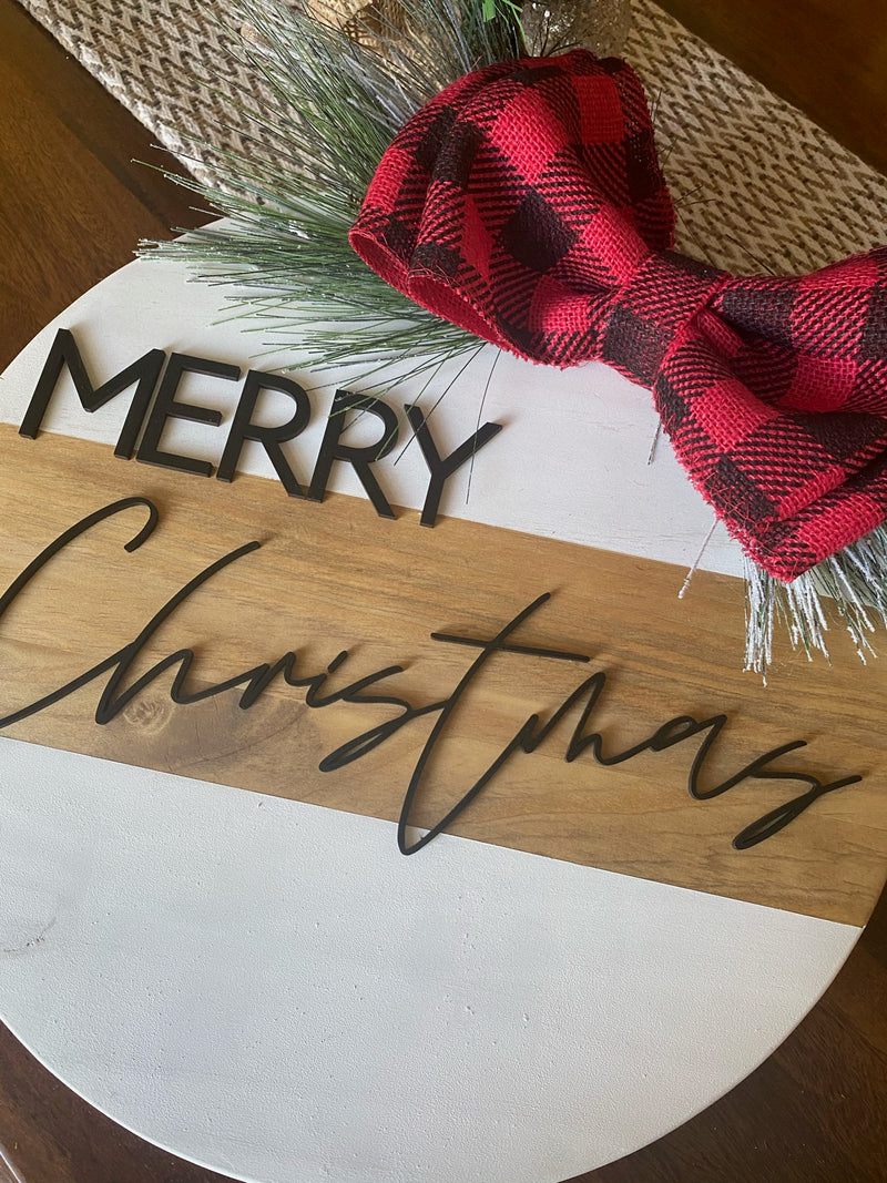 15" Wood Round Black/Red Buffalo Check Merry Christmas Sign