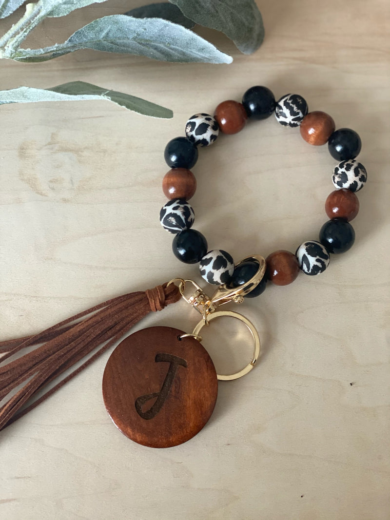 Leopard Wood/Silicone Bead Bracelet Key Ring with Brown Tassel