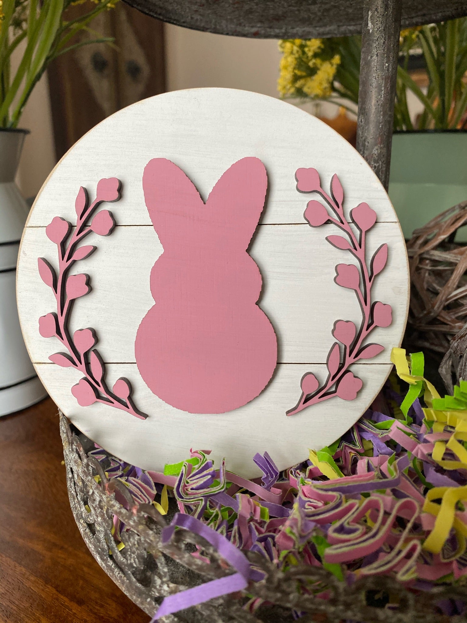 5" Round Bunny/Wreath Tiered Tray Easter Decor