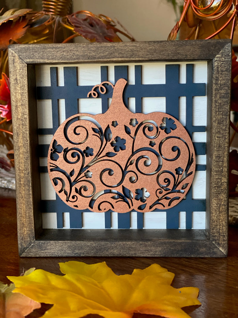 5 x 5 Framed Copper Elegant Pumpkin/Blue Plaid backing