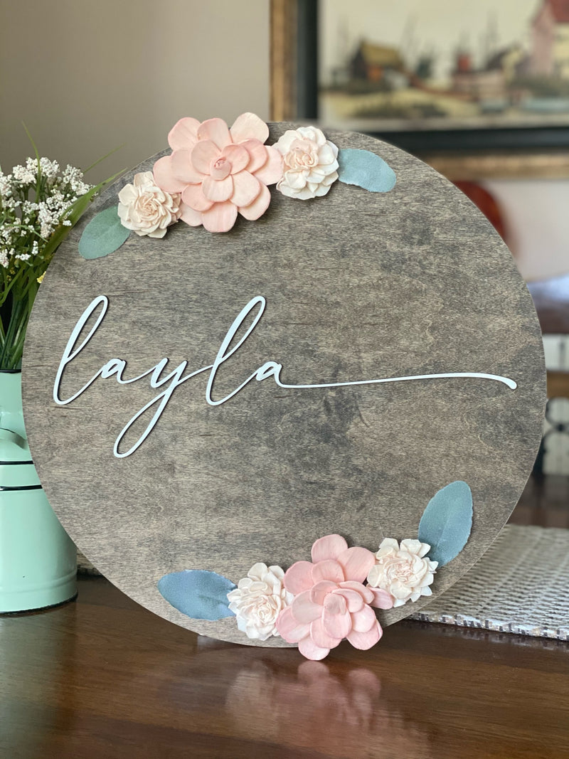 15" Elegant Name Sign with Wood Flowers