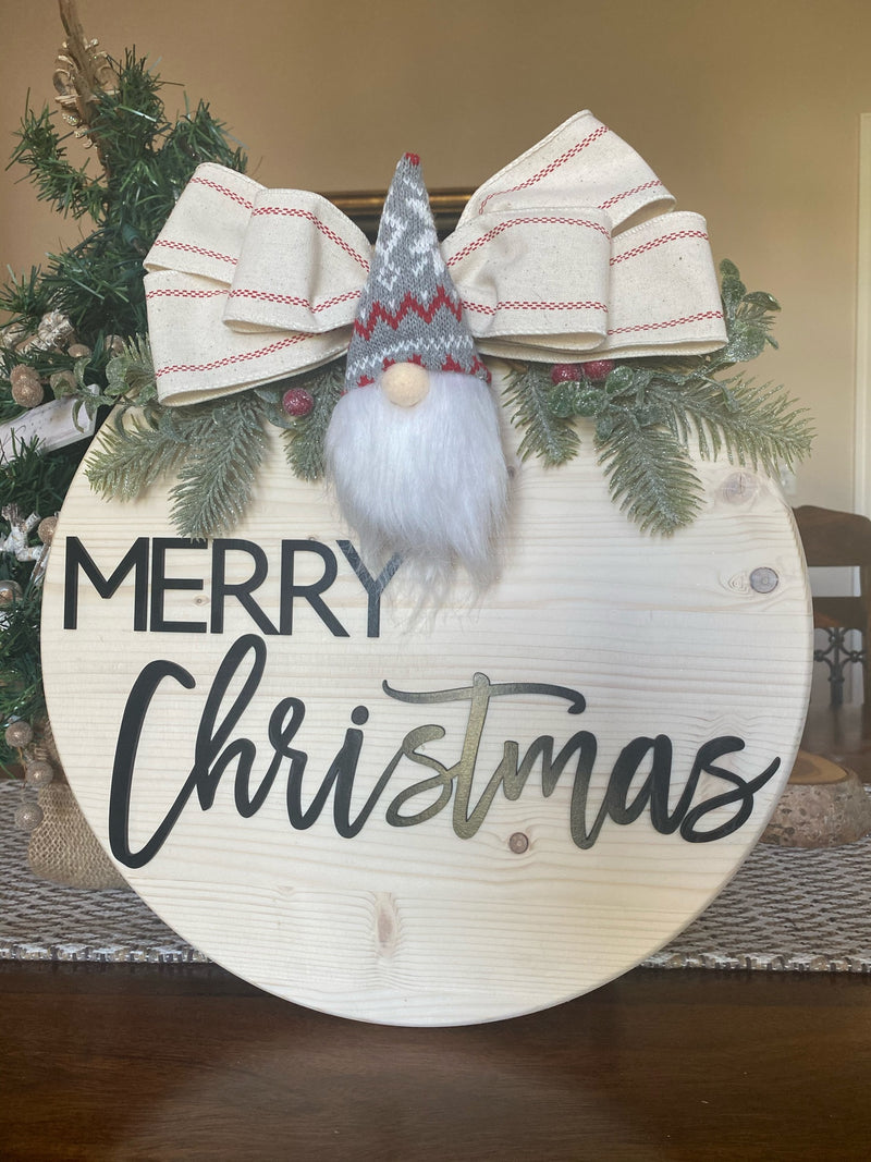 15" Wood Round Merry Christmas with Gnome
