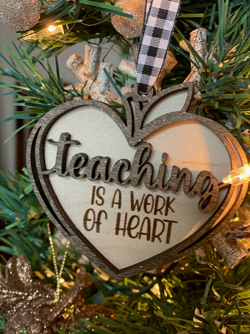 Layered Wood Heart Shaped Apple Teacher Ornament