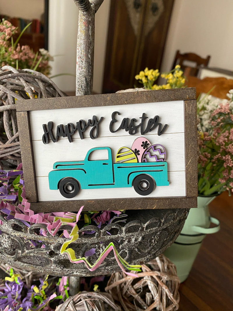Happy Easter Vintage Truck with Eggs Easter Tiered Tray Decor