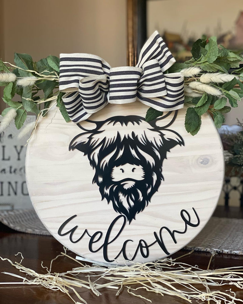 15" Highland Cow Welcome Wood Round