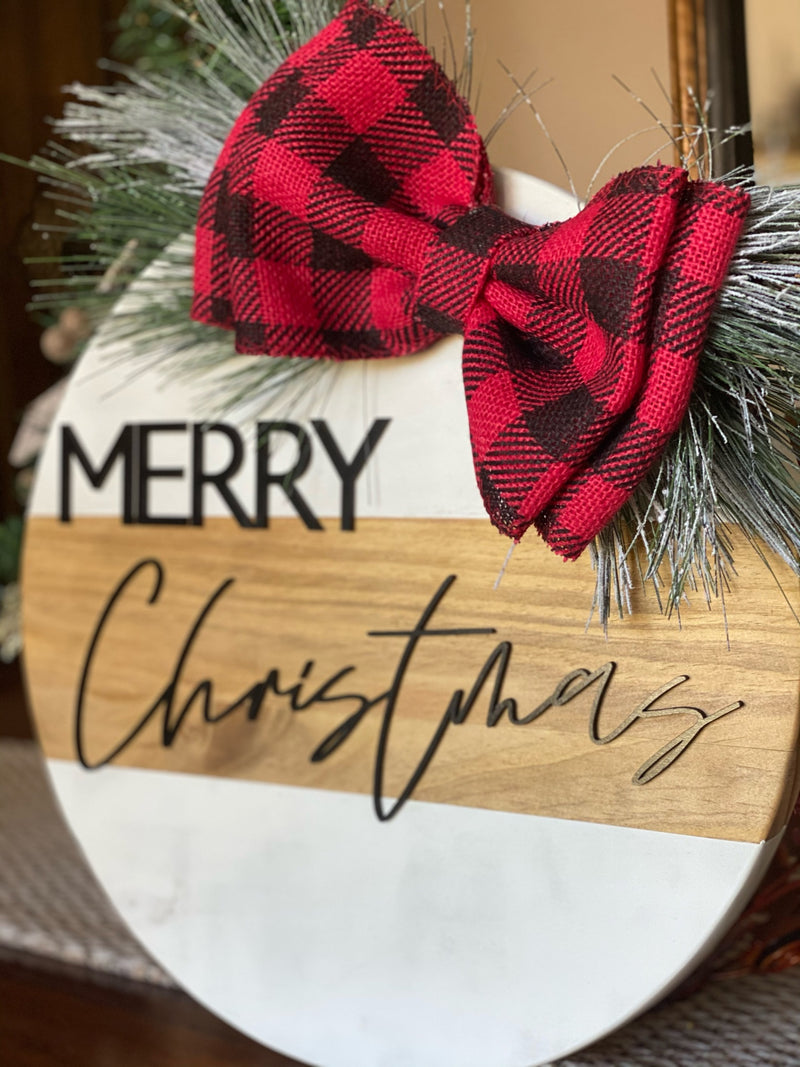 15" Wood Round Black/Red Buffalo Check Merry Christmas Sign