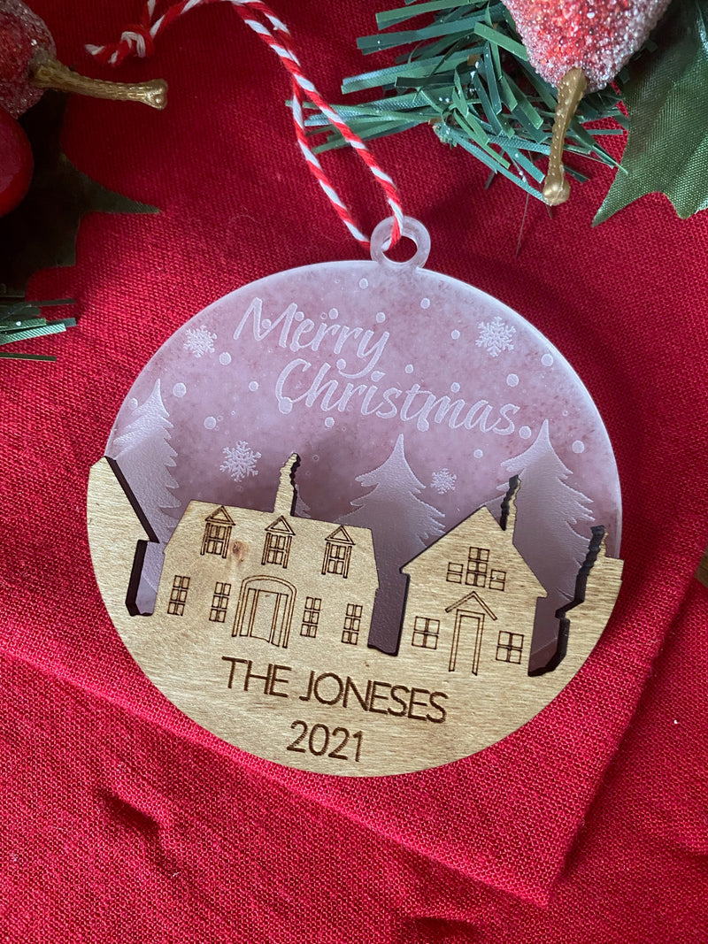 Frosted Personalized Acrylic Merry Christmas with Houses