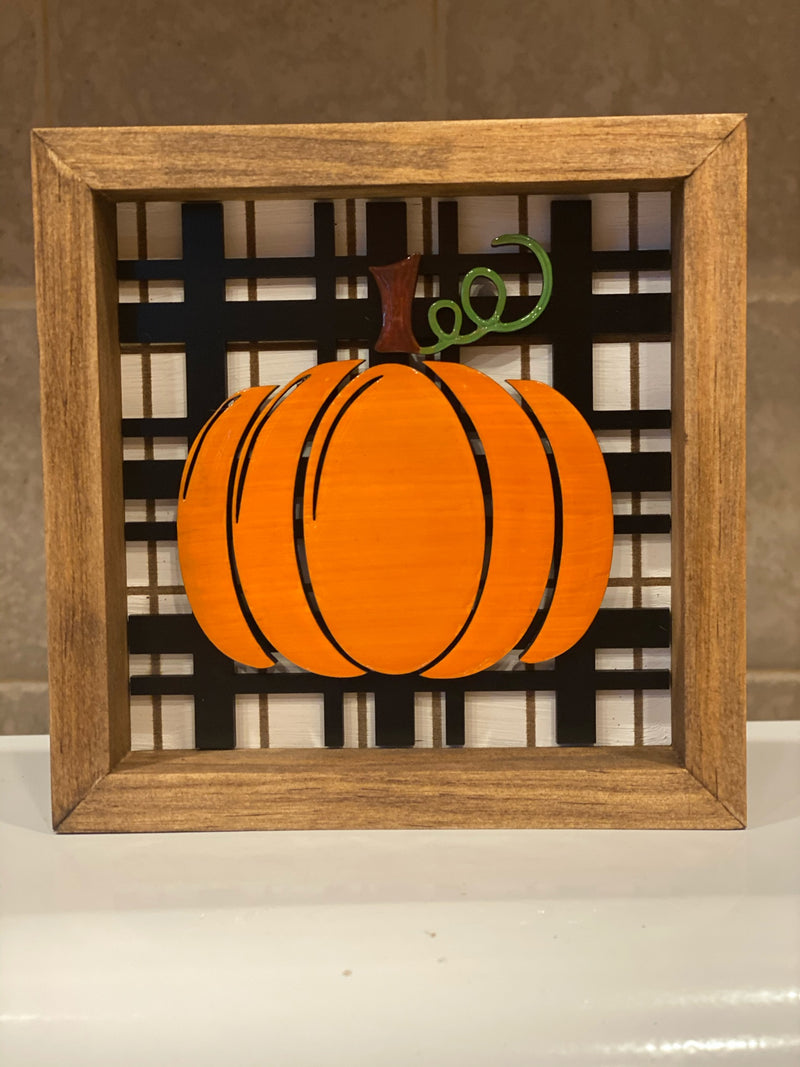 Glass Look Pumpkin with Plaid Framed 5 x 5
