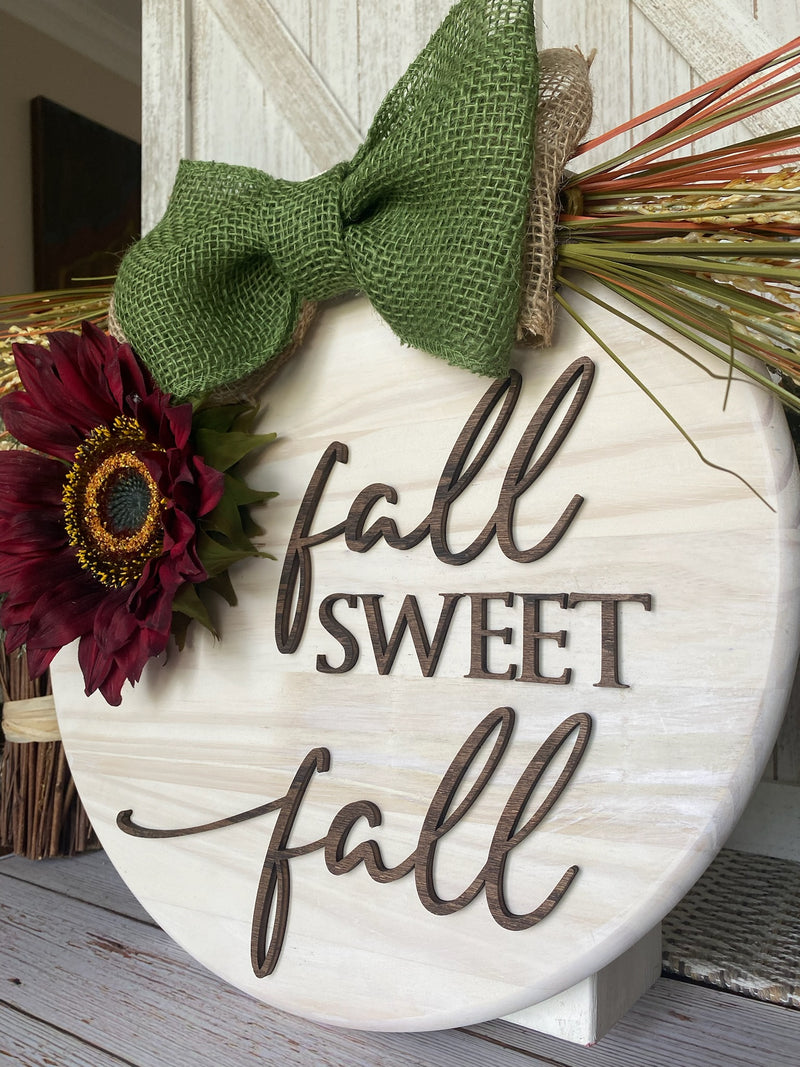 15" Wood Round Fall Sweet Fall/Hello Pumpkin Olive Green Bow