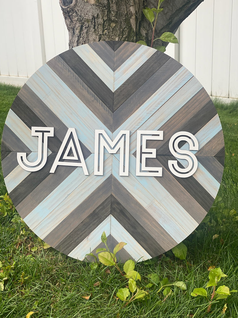 Round Wood Herringbone Inspired Patterned Nursery Name Sign