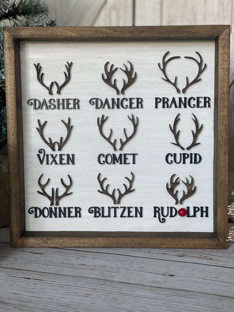 Santa's Reindeer with Antlers Framed Sign