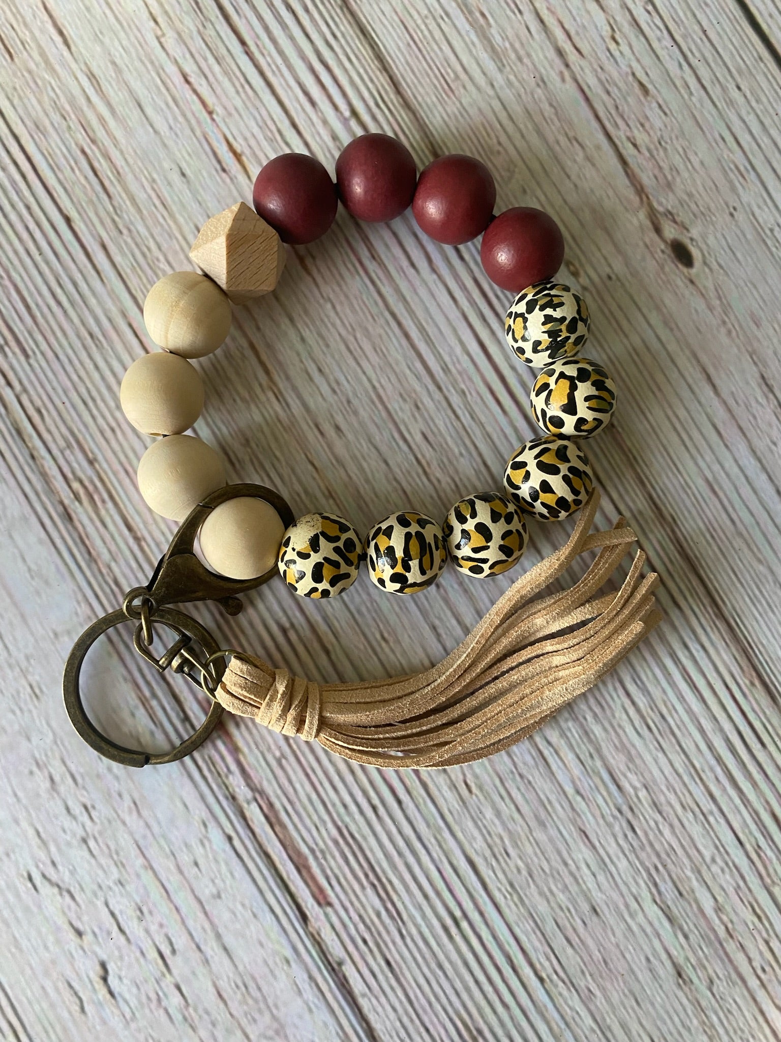 Cranberry/Leopard Wood Bracelet Key Ring