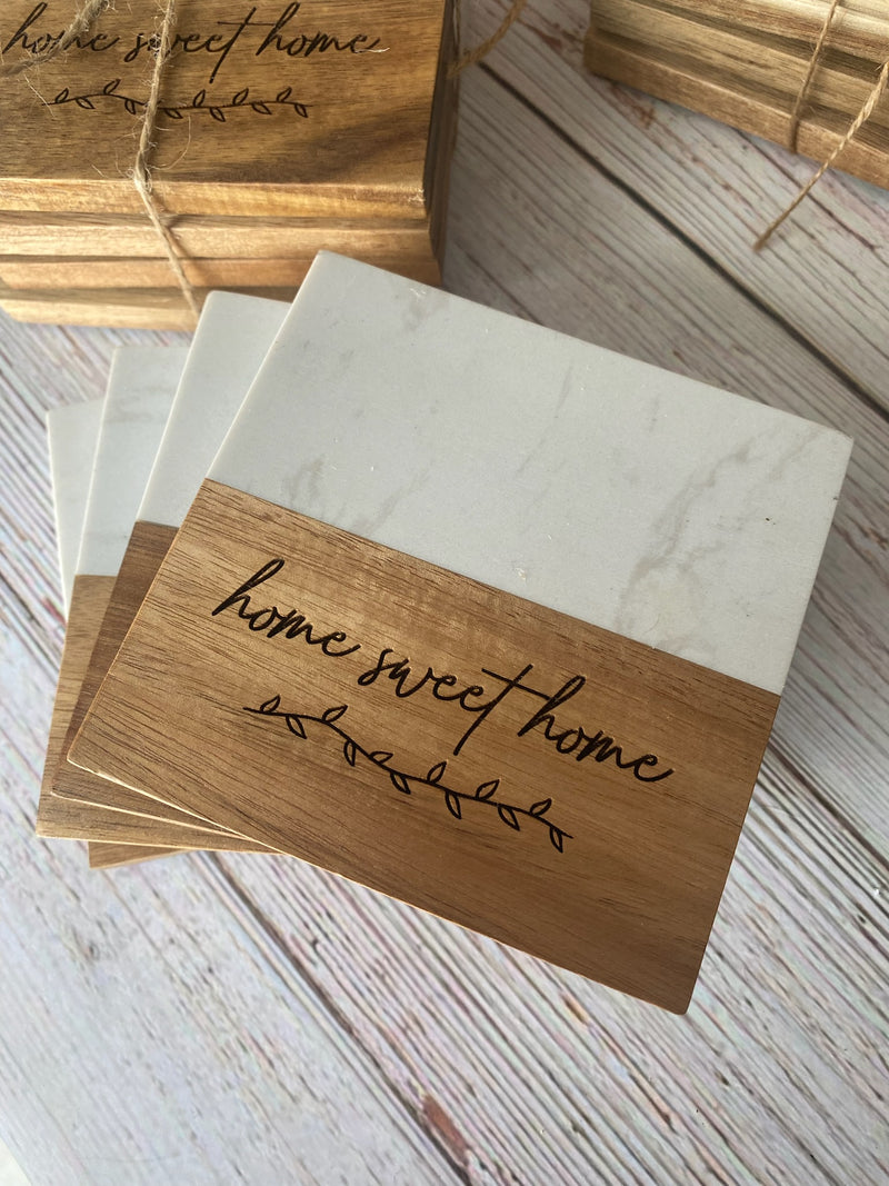 Personalized Set of 4 Square Acacia/Marble Coasters