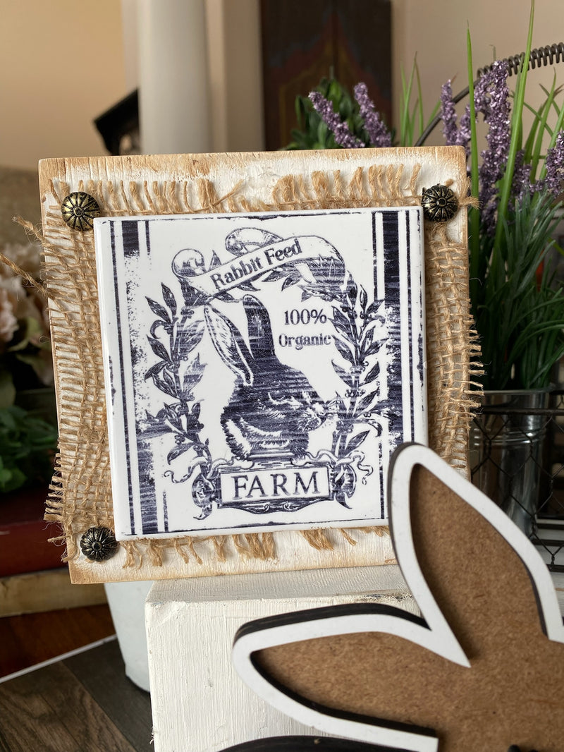 Engraved Vintage Bunny Feed Tile on Wood Block with Burlap
