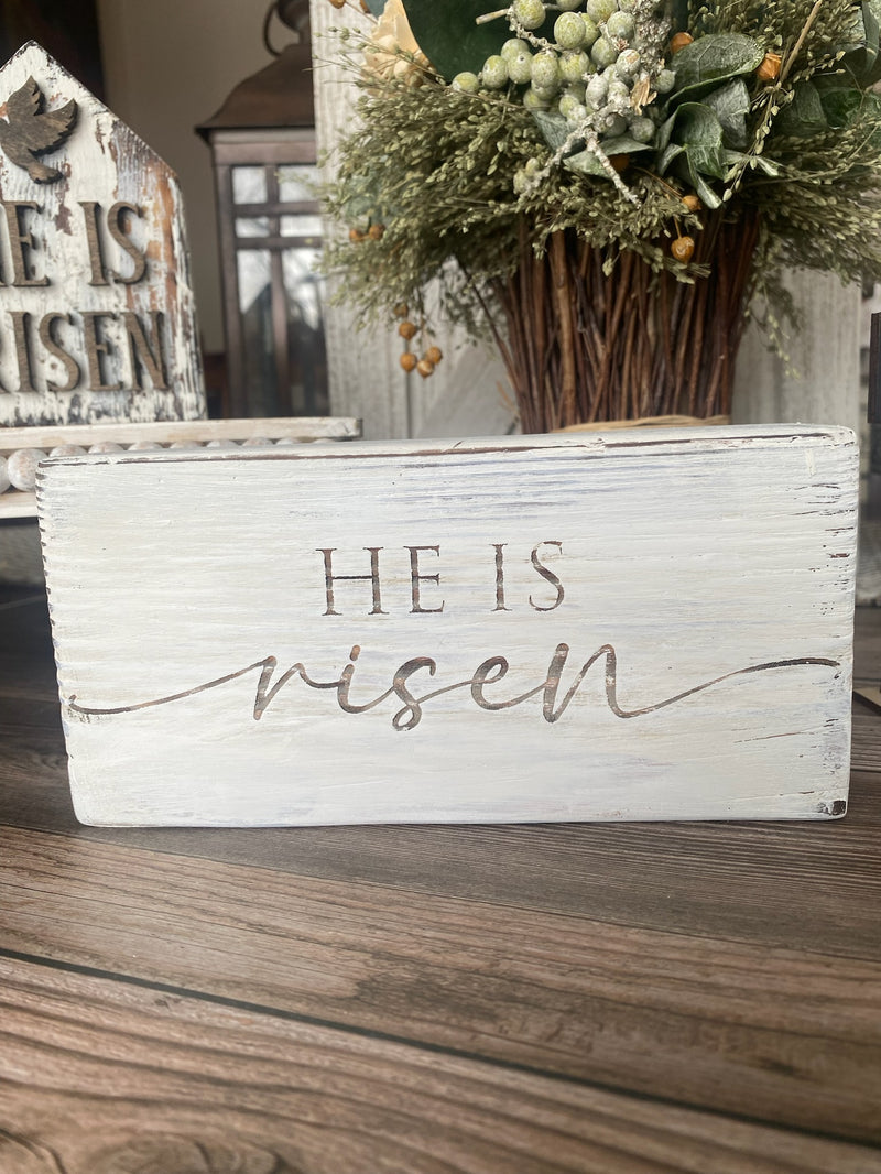 Vintage White He Is Risen Engraved Block