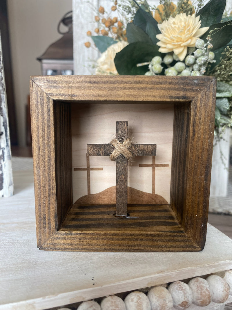 Three Crosses Wood Shadow Box