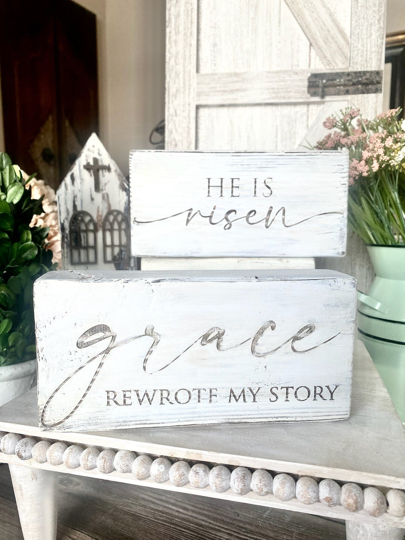 Bundle Vintage White Grace Rewrote My Story/He is Risen Engraved Blocks