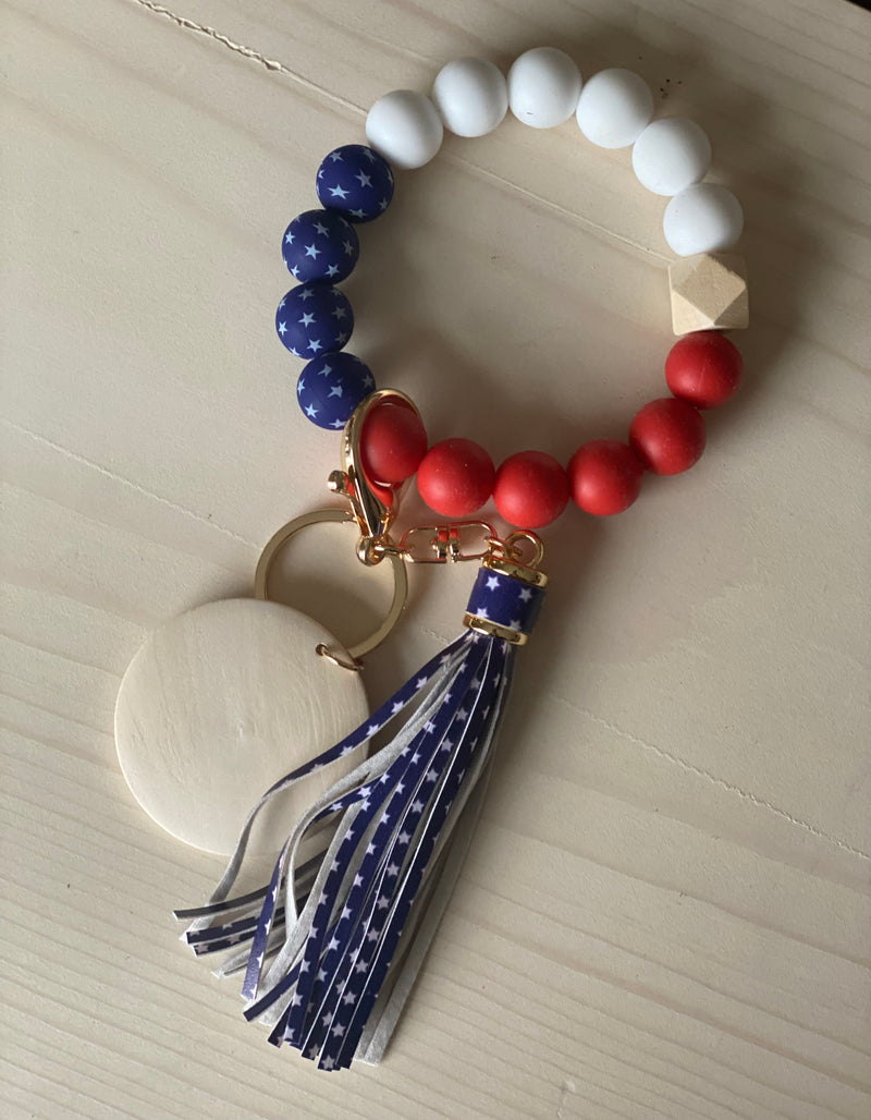 Red, White and Blue Silicon Bead Bracelet Key Ring