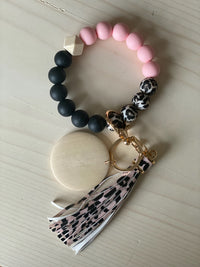 Pink, Black and Leopard Silicon Bead Bracelet Key Ring
