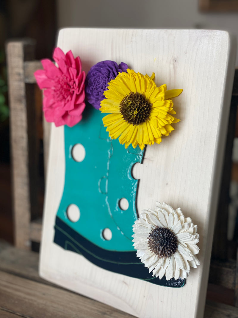 Spring Rain Boot with Dyed Wood Flowers 10x7 Sign
