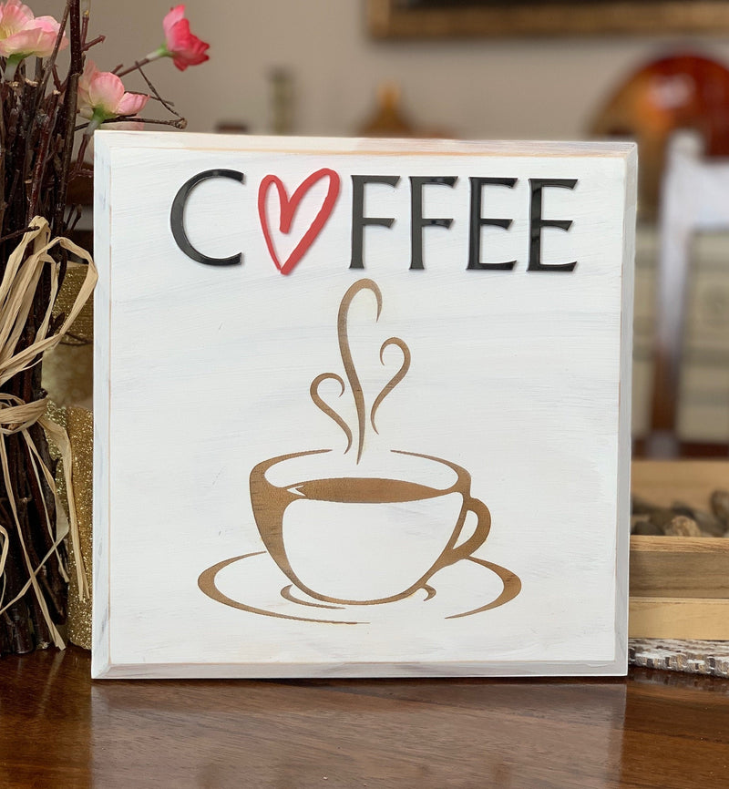 Coffee Wood Sign with Heart Outline