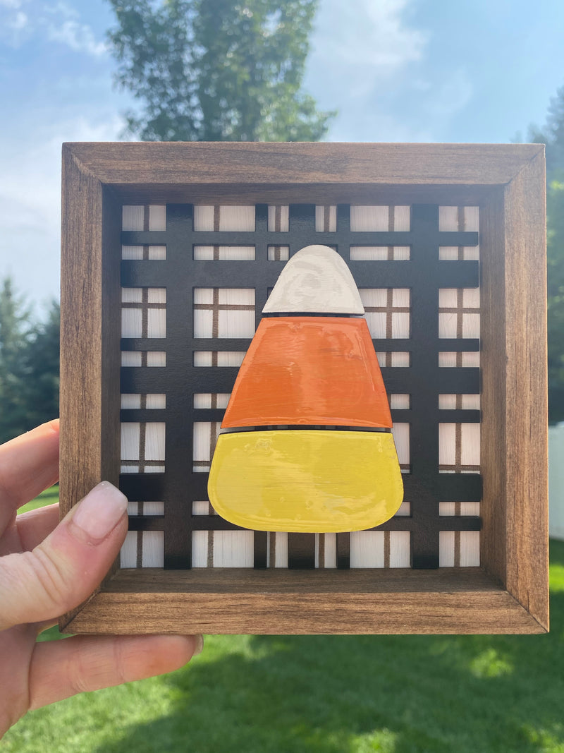 Glass Look Pumpkin with Plaid Framed 5 x 5
